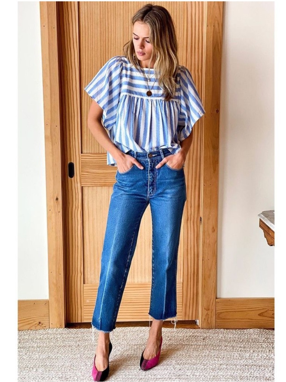 Emerson Fry India Collection Basalie Top Blouse Scallop Blue Stripe Small $118 - Picture 2 of 12